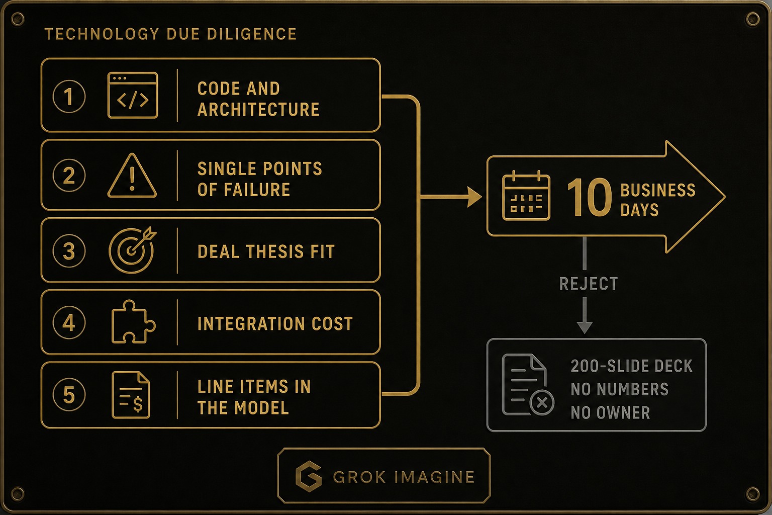 Technology due diligence process: code and architecture, single points of failure, deal thesis fit, and integration cost become line items in the deal model in 10 business days. The rejected path is a 200-slide deck with no numbers and no owner.